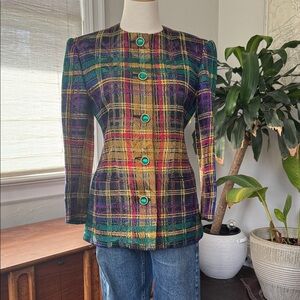 Vintage Carlisle Multicolor wool silk Plaid jacket with gold thread detail